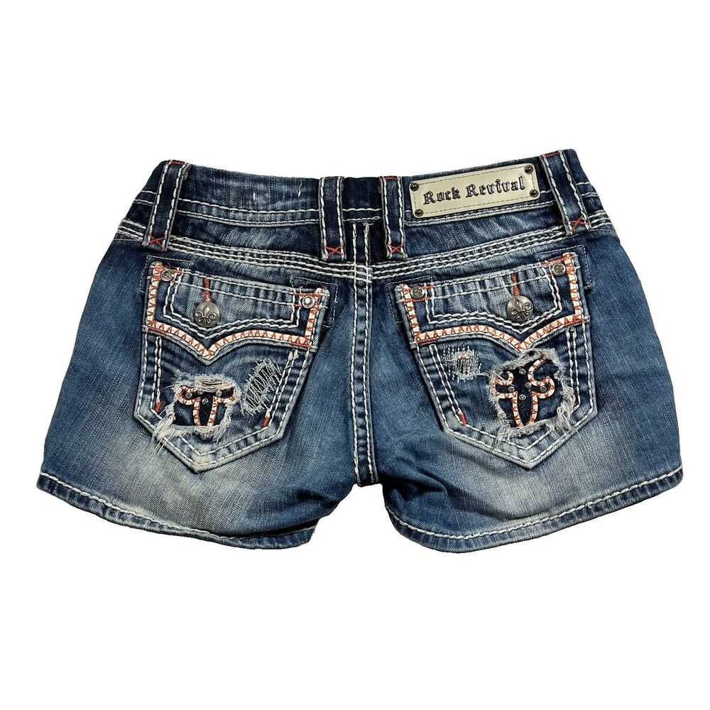 Rock Revival Denim Shorts Size 26 Y2K Distressed Embroidered Low Rise